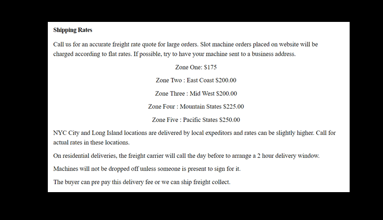 Slot machines shipping rates